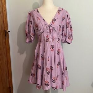 NWT House of Harlow 1960 purple corset floral dress size 10 linen puff sleeve